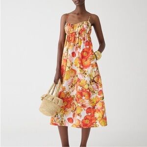 J Crew Empire Waist Midi Dress Floral Cotton Poplin Orange Poppies Size XL